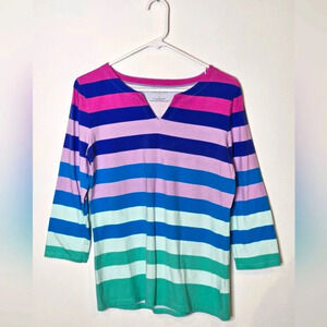 Talbots‎ Colorful Orchid Striped Womens Medium 3/4 Sleeve V-Neck Tee Top